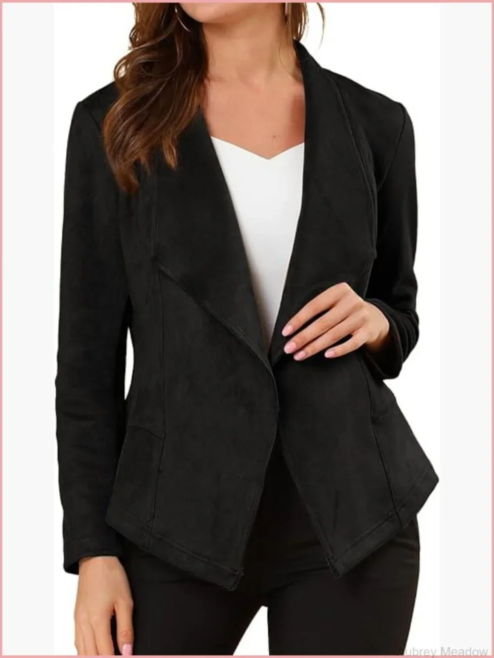 Faux Suede Draped Open Front Cardigan Blazer Jacket Lapel Long Sleeve